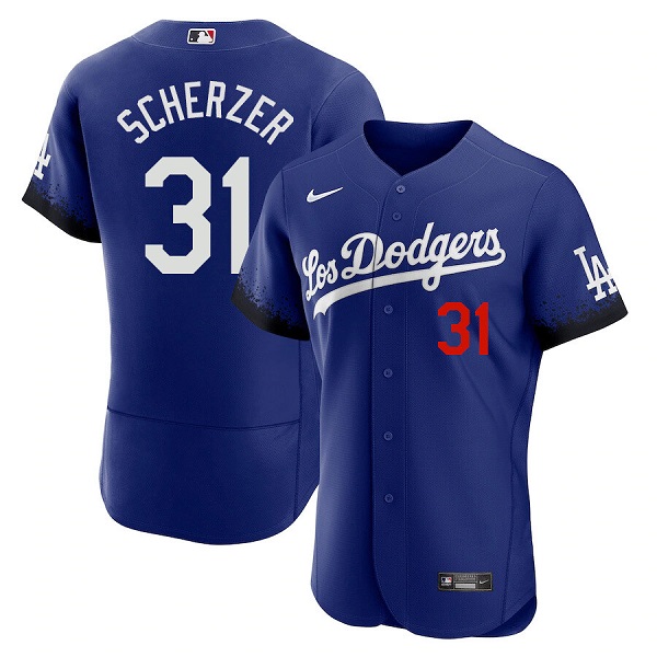 Men's Royal Los Angeles Dodgers #31 Max Scherzer 2021 City Connect Flex Base Stitched Baseball Jersey